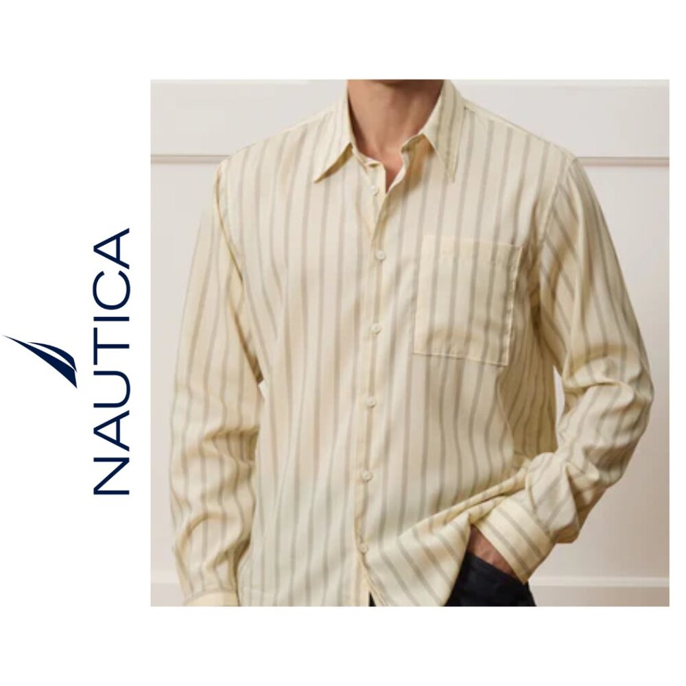 Nautica Men’s Small Yellow Blue Vertical Striped Button Down Shirt Cotton